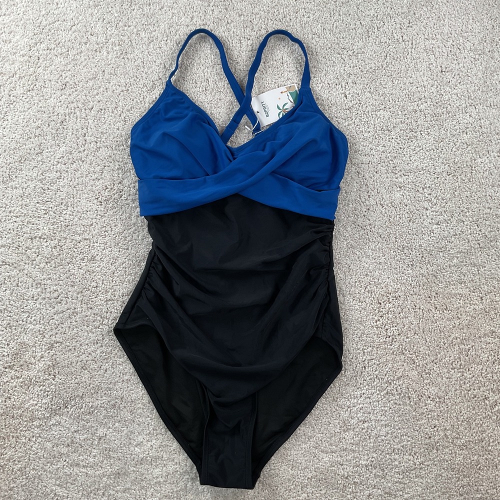 B2PRITY Womens One Piece Swimsuit Blue Black Ruched Size M NEW